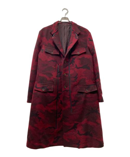 Yohji Yamamoto pour homme（ヨウジヤマモト プールオム）Yohji Yamamoto pour homme (ヨウジヤマモト プールオム) 14AW 迷彩 ジップアップミリタリー ウール ロング コート レッド×ブラック サイズ:3の古着・服飾アイテム