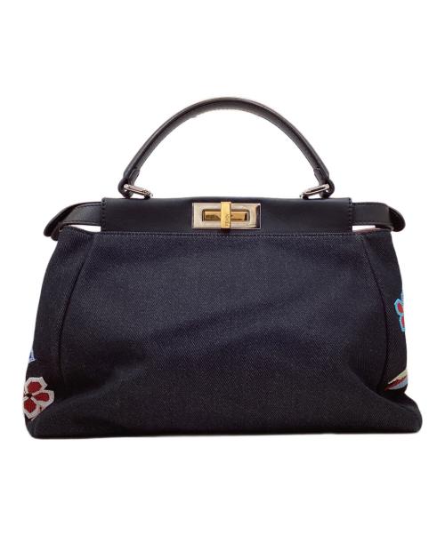 FENDI（フェンディ）FENDI (フェンディ) Denim Vitello Dolce Qu Tweet  Beade デニム レザー ピーカブー ミディアム ハンドバッグ ブラック サイズ:OneSizeの古着・服飾アイテム