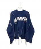 DISCOVEREDディスカバード）の古着「NEWSED Wide College Sweat リメイクスウェット」｜ネイビー