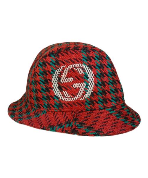 GUCCI（グッチ）GUCCI (グッチ) HOUNDSTOOTH WOOL FEDORA/ウールハット レッド サイズ:Lの古着・服飾アイテム