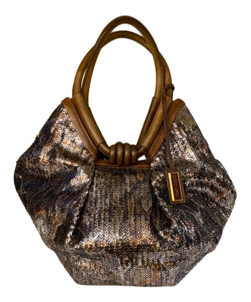 JIMMY CHOO（ジミーチュウ）JIMMY CHOO (ジミーチュウ) スパンコール レザー切替ハンドバッグ ブラウンの古着・服飾アイテム