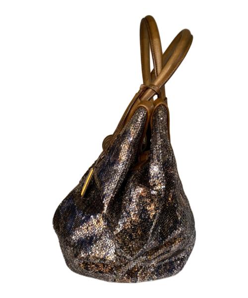 JIMMY CHOO（ジミーチュウ）JIMMY CHOO (ジミーチュウ) スパンコール レザー切替ハンドバッグ ブラウンの古着・服飾アイテム