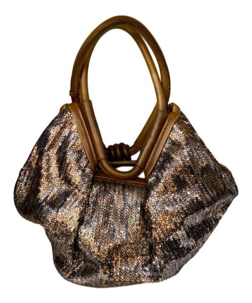 JIMMY CHOO（ジミーチュウ）JIMMY CHOO (ジミーチュウ) スパンコール レザー切替ハンドバッグ ブラウンの古着・服飾アイテム