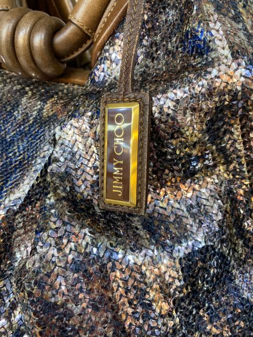 JIMMY CHOO（ジミーチュウ）JIMMY CHOO (ジミーチュウ) スパンコール レザー切替ハンドバッグ ブラウンの古着・服飾アイテム