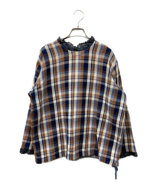 45R（フォーティファイブ・アール）45R (フォーティファイブ・アール) 藍ざっくりネルのフリルTシャツ ブラウン サイズ:3の古着・服飾アイテム