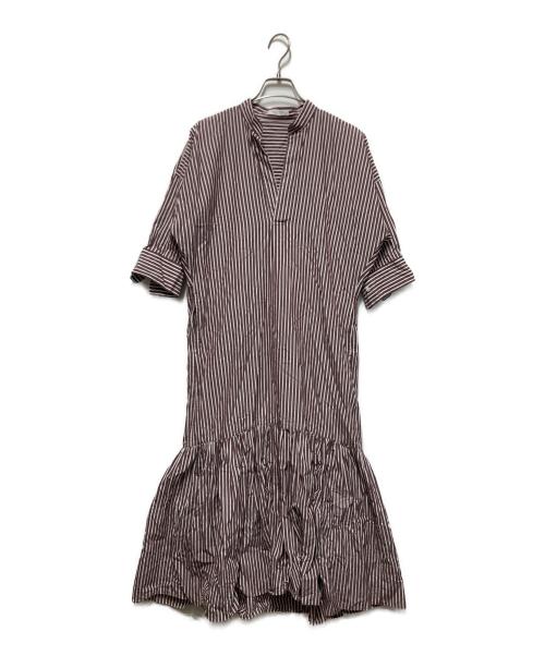 MACPHEE（マカフィー）MACPHEE (マカフィー) コットンブロードストライプ ティアードワンピース ホワイト×ブラウン サイズ:36の古着・服飾アイテム