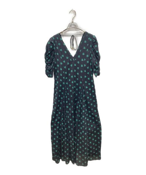 ne quittez pas（ヌキテパ）ne quittez pas (ヌキテパ) Cotton Dobby Stripe Flower Print Dress コットン ドビーストライプ フラワープリント ドレス ワンピース ブラック×グリーン サイズ:Freeの古着・服飾アイテム