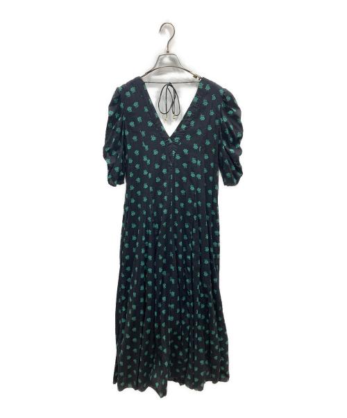 ne quittez pas（ヌキテパ）ne quittez pas (ヌキテパ) Cotton Dobby Stripe Flower Print Dress コットン ドビーストライプ フラワープリント ドレス ワンピース ブラック×グリーン サイズ:Freeの古着・服飾アイテム