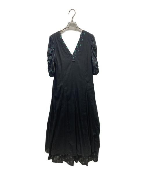 ne quittez pas（ヌキテパ）ne quittez pas (ヌキテパ) Cotton Dobby Stripe Flower Print Dress コットン ドビーストライプ フラワープリント ドレス ワンピース ブラック×グリーン サイズ:Freeの古着・服飾アイテム