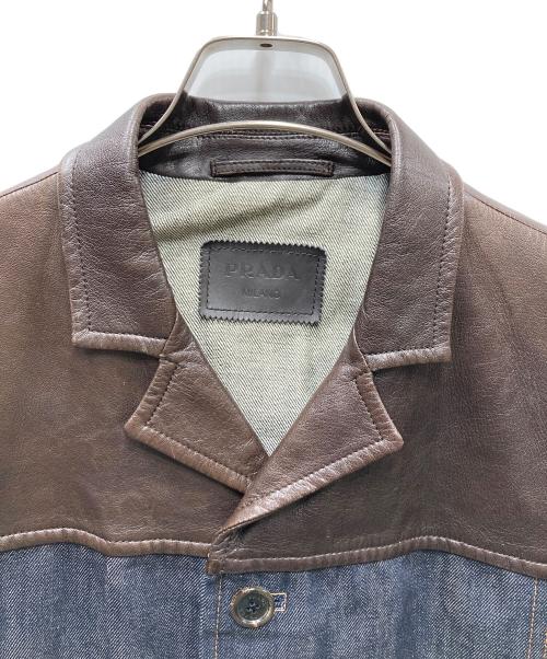 PRADA（プラダ）PRADA (プラダ) レザー切替デニムジャケット ブラウン×インディゴ サイズ:48の古着・服飾アイテム