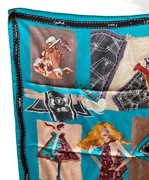 HERMES（エルメス）HERMES (エルメス) Jaime mon Carre カレ70 ジェーム・モン・カレ シルク スカーフ ブルー×ブラウンの古着・服飾アイテム