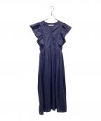 ne quittez pasヌキテパ）の古着「Cotton Lurex Stripe Frill Sleeve Dress ラメストライプフリルワンピース」｜ネイビー