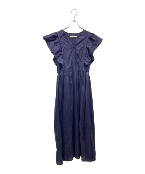 ne quittez pas（ヌキテパ）ne quittez pas (ヌキテパ) Cotton Lurex Stripe Frill Sleeve Dress ラメストライプフリルワンピース ネイビー サイズ:SIZE Mの古着・服飾アイテム