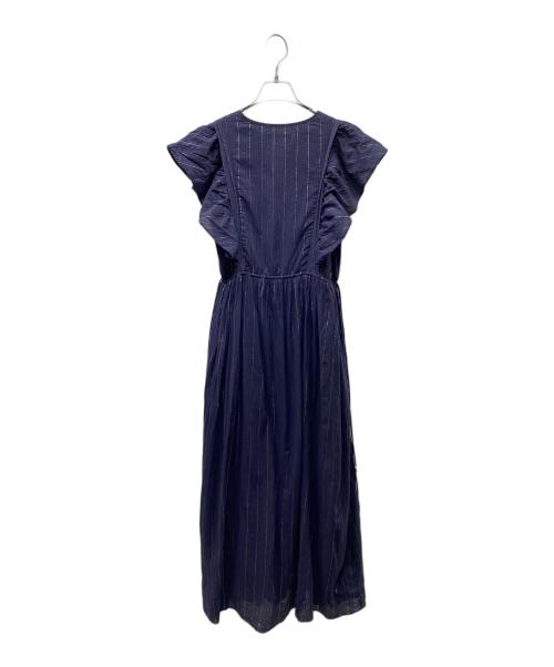ne quittez pas（ヌキテパ）ne quittez pas (ヌキテパ) Cotton Lurex Stripe Frill Sleeve Dress ラメストライプフリルワンピース ネイビー サイズ:SIZE Mの古着・服飾アイテム