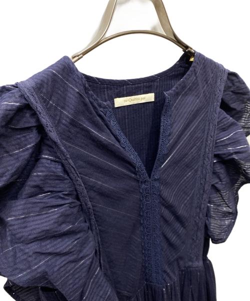 ne quittez pas（ヌキテパ）ne quittez pas (ヌキテパ) Cotton Lurex Stripe Frill Sleeve Dress ラメストライプフリルワンピース ネイビー サイズ:SIZE Mの古着・服飾アイテム
