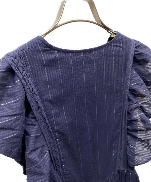 ne quittez pas（ヌキテパ）ne quittez pas (ヌキテパ) Cotton Lurex Stripe Frill Sleeve Dress ラメストライプフリルワンピース ネイビー サイズ:SIZE Mの古着・服飾アイテム