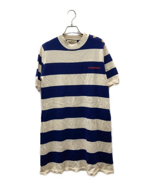 GUCCI（グッチ）GUCCI (グッチ) Wool mini dress 半袖ニットワンピース ネイビー×アイボリー サイズ:Ｍの古着・服飾アイテム