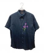 Paul Smith COLLECTIONポールスミス コレクション）の古着「フラワー刺繍 半袖 リネンシャツ」｜ネイビー×パープル