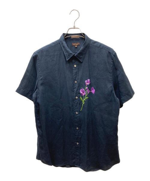 Paul Smith COLLECTION（ポールスミス コレクション）Paul Smith COLLECTION (ポールスミス コレクション) フラワー刺繍 半袖 リネンシャツ ネイビー×パープル サイズ:XLの古着・服飾アイテム