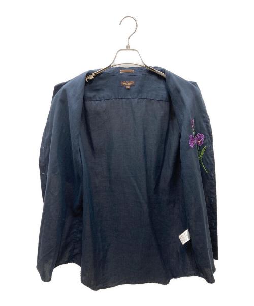 Paul Smith COLLECTION（ポールスミス コレクション）Paul Smith COLLECTION (ポールスミス コレクション) フラワー刺繍 半袖 リネンシャツ ネイビー×パープル サイズ:XLの古着・服飾アイテム