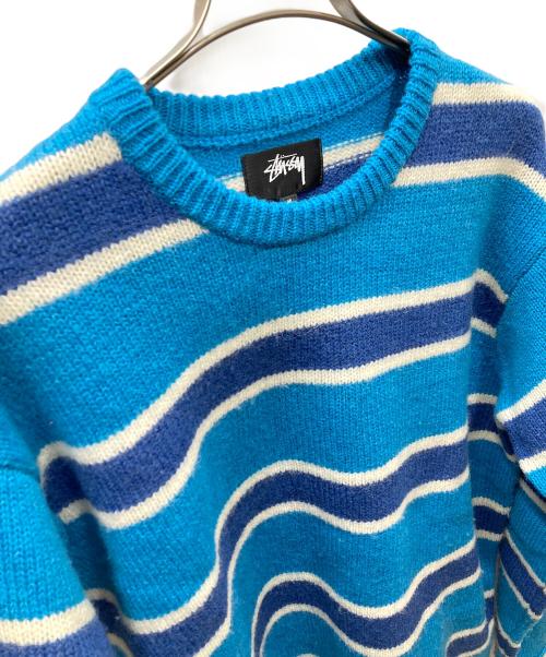 stussy（ステューシー）stussy (ステューシー) STRIPED WOOL SWEATER ブルー×ホワイト サイズ:SIZE Mの古着・服飾アイテム