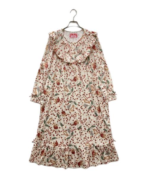 PINK HOUSE（ピンクハウス）PINK HOUSE (ピンクハウス) misako erinko キャットチェリードロッププリントルームワンピース レッド×ベージュ サイズ:FREEの古着・服飾アイテム
