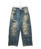 BADWAYバッドウェイ）の古着「Grunge BORO studs denim グランジボロスタッズデニムパンツ」｜ブルー