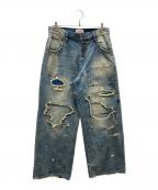 BADWAYバッドウェイ）の古着「Grunge BORO studs denim グランジボロスタッズデニムパンツ」｜ブルー
