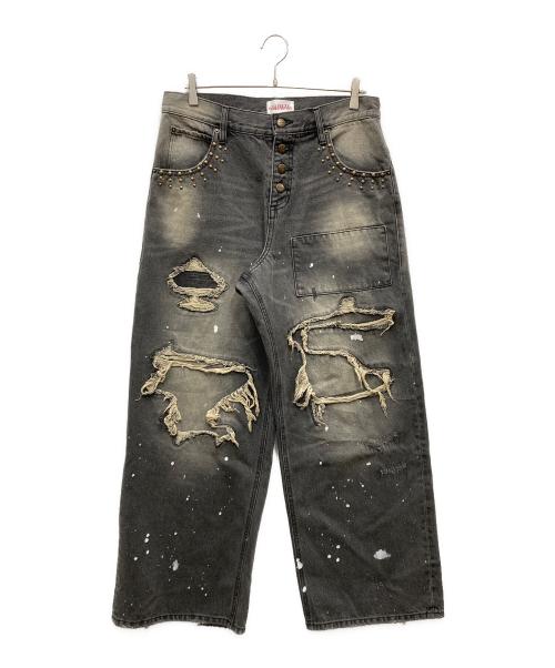 BADWAY（バッドウェイ）BADWAY (バッドウェイ) Grunge BORO studs denim グランジボロスタッズデニムパンツ グレー サイズ:Lの古着・服飾アイテム