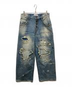 BADWAYバッドウェイ）の古着「Grunge BORO studs denim グランジボロスタッズデニムパンツ」｜ブルー