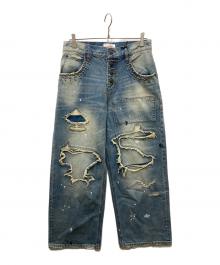 BADWAY（バッドウェイ）の古着「Grunge BORO studs denim グランジボロスタッズデニムパンツ」｜ブルー