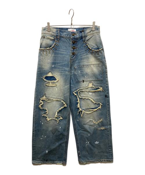 BADWAY（バッドウェイ）BADWAY (バッドウェイ) Grunge BORO studs denim グランジボロスタッズデニムパンツ ブルー サイズ:Mの古着・服飾アイテム