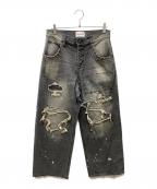 BADWAYバッドウェイ）の古着「Grunge BORO studs denim グランジボロスタッズデニムパンツ」｜グレー