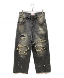 BADWAY（バッドウェイ）の古着「Grunge BORO studs denim グランジボロスタッズデニムパンツ」｜グレー
