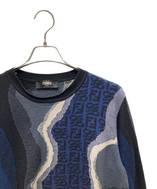 FENDI（フェンディ）FENDI (フェンディ) FFロゴプリント デザインニット ネイビー×グレー サイズ:SIZE 50の古着・服飾アイテム