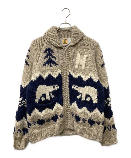 HUMAN MADE（ヒューマンメイド）HUMAN MADE (ヒューマンメイド) ポーラベアカウチンニットカーディガン ベージュ×ネイビー サイズ:Mの古着・服飾アイテム