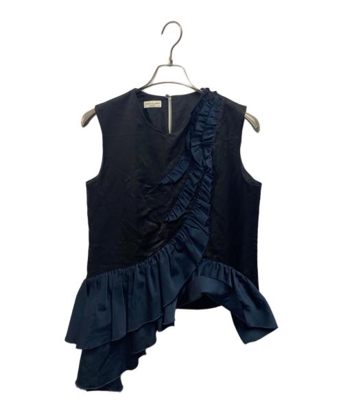 DRIES VAN NOTEN（ドリスヴァンノッテン）DRIES VAN NOTEN (ドリスヴァンノッテン) シルクリネンフリルノースリーブブラウス ブラック サイズ:36の古着・服飾アイテム