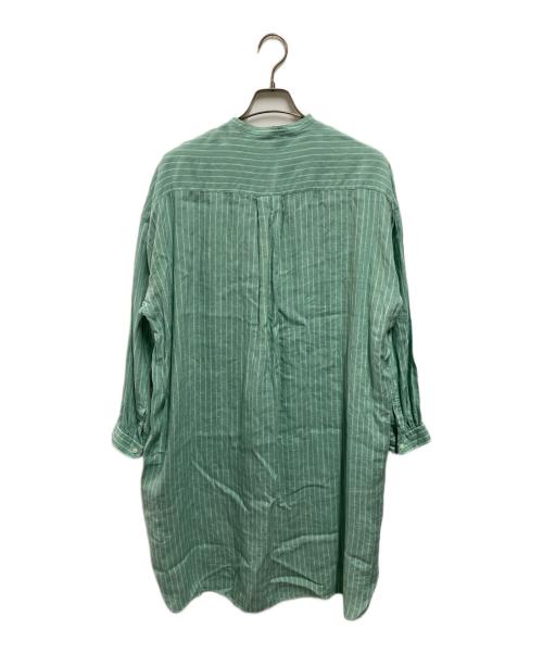 Gymphlex（ジムフレックス）Gymphlex (ジムフレックス) ランダースリネン ストライプノーカラーワンピース グリーン サイズ:14の古着・服飾アイテム