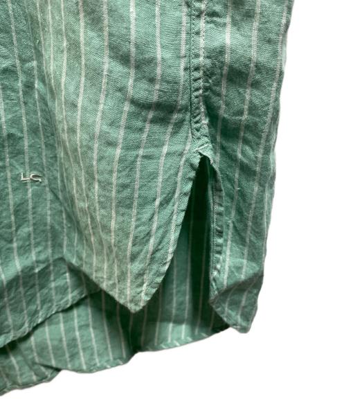 Gymphlex（ジムフレックス）Gymphlex (ジムフレックス) ランダースリネン ストライプノーカラーワンピース グリーン サイズ:14の古着・服飾アイテム