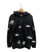 stussyステューシー）の古着「折れクラウンロゴジップパーカー」｜ブラック