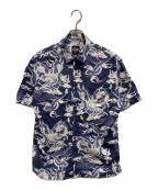 HARLEY-DAVIDSONハーレーダビッドソン）の古着「ドラゴン総柄シャツ」｜ホワイト×ネイビー