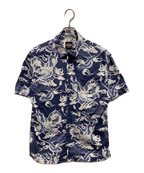 HARLEY-DAVIDSON（ハーレーダビッドソン）HARLEY-DAVIDSON (ハーレーダビッドソン) ドラゴン総柄シャツ ホワイト×ネイビー サイズ:Sの古着・服飾アイテム
