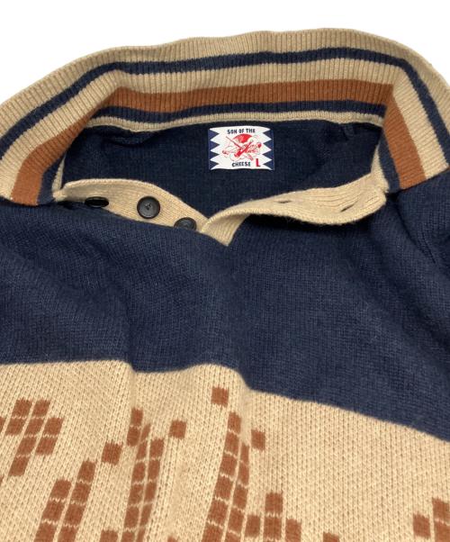 son of the cheese（（サノバチーズ））son of the cheese (（サノバチーズ）) Yeah um no Knit ブラウン×ネイビー サイズ:Ｌの古着・服飾アイテム