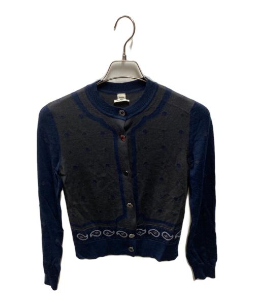 HERMES（エルメス）HERMES (エルメス) カシミヤシルク丸襟カーディガン ネイビー×グレー サイズ:34の古着・服飾アイテム