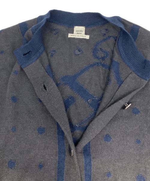 HERMES（エルメス）HERMES (エルメス) カシミヤシルク丸襟カーディガン ネイビー×グレー サイズ:34の古着・服飾アイテム