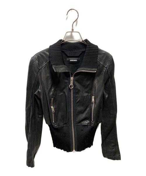 DIESEL（ディーゼル）DIESEL (ディーゼル) リブダメージ加工ラムレザージャケット ブラック サイズ:XSの古着・服飾アイテム