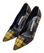 Manolo Blahnikマノロブラニク）の古着「タータンチェックヒールパンプス」｜イエロー