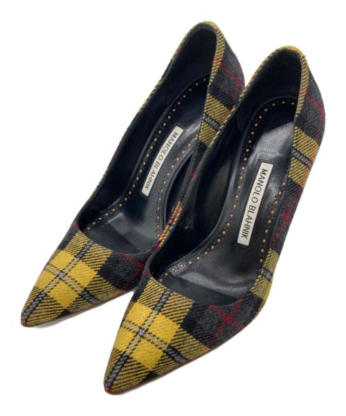 Manolo Blahnik（マノロブラニク）Manolo Blahnik (マノロブラニク) タータンチェックヒールパンプス イエロー サイズ:36 1/2の古着・服飾アイテム