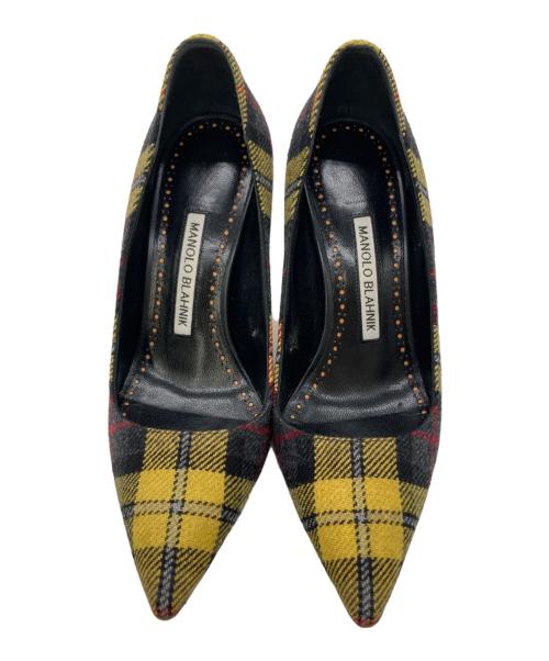 Manolo Blahnik（マノロブラニク）Manolo Blahnik (マノロブラニク) タータンチェックヒールパンプス イエロー サイズ:36 1/2の古着・服飾アイテム