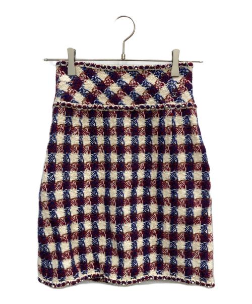 CHANEL（シャネル）CHANEL (シャネル) パールトリミングウールチェックスカート アイボリー×レッド×ネイビー サイズ:34の古着・服飾アイテム